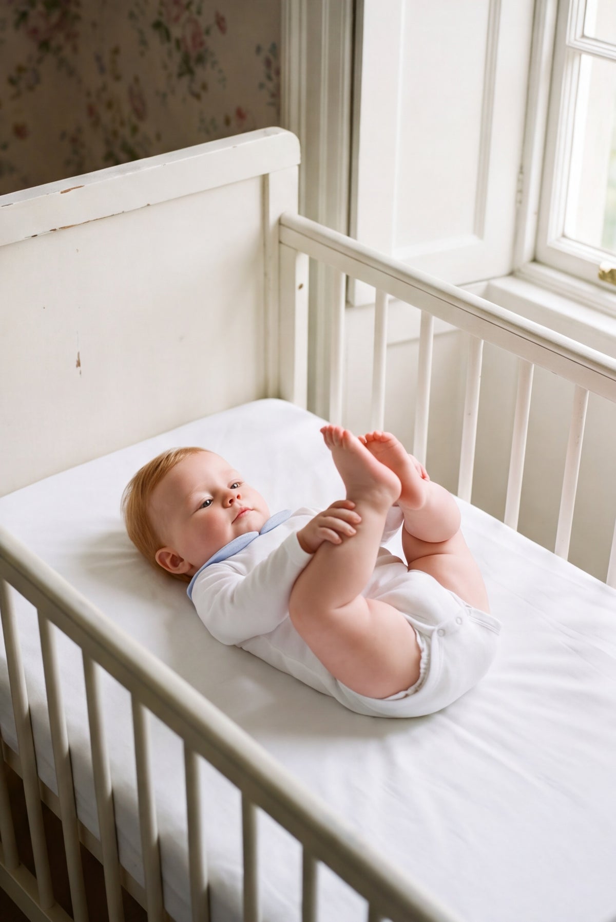 Baby bodysuit with light blue collar